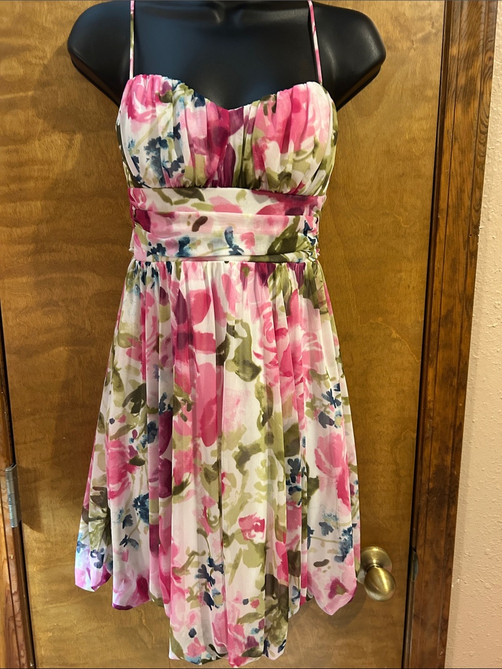 Floral Pink & Green Sundress with Spaghetti Straps - Homecoming